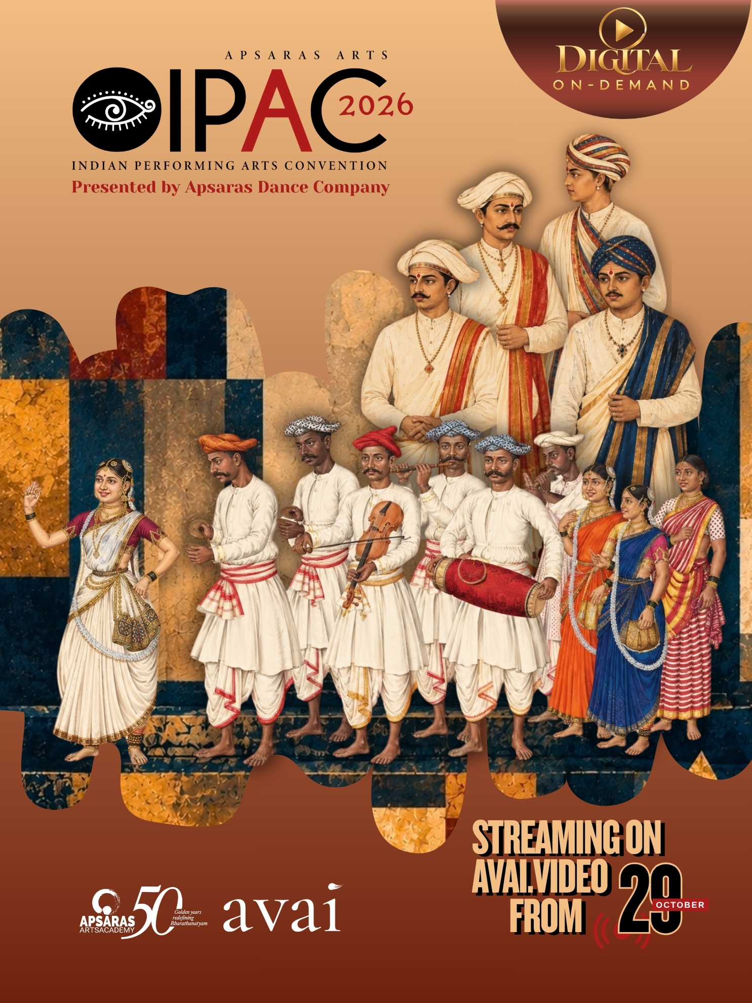 IPAC 2026 digital on-demand artwork featuring the Tanjore Quartet and Bharatanatyam performers