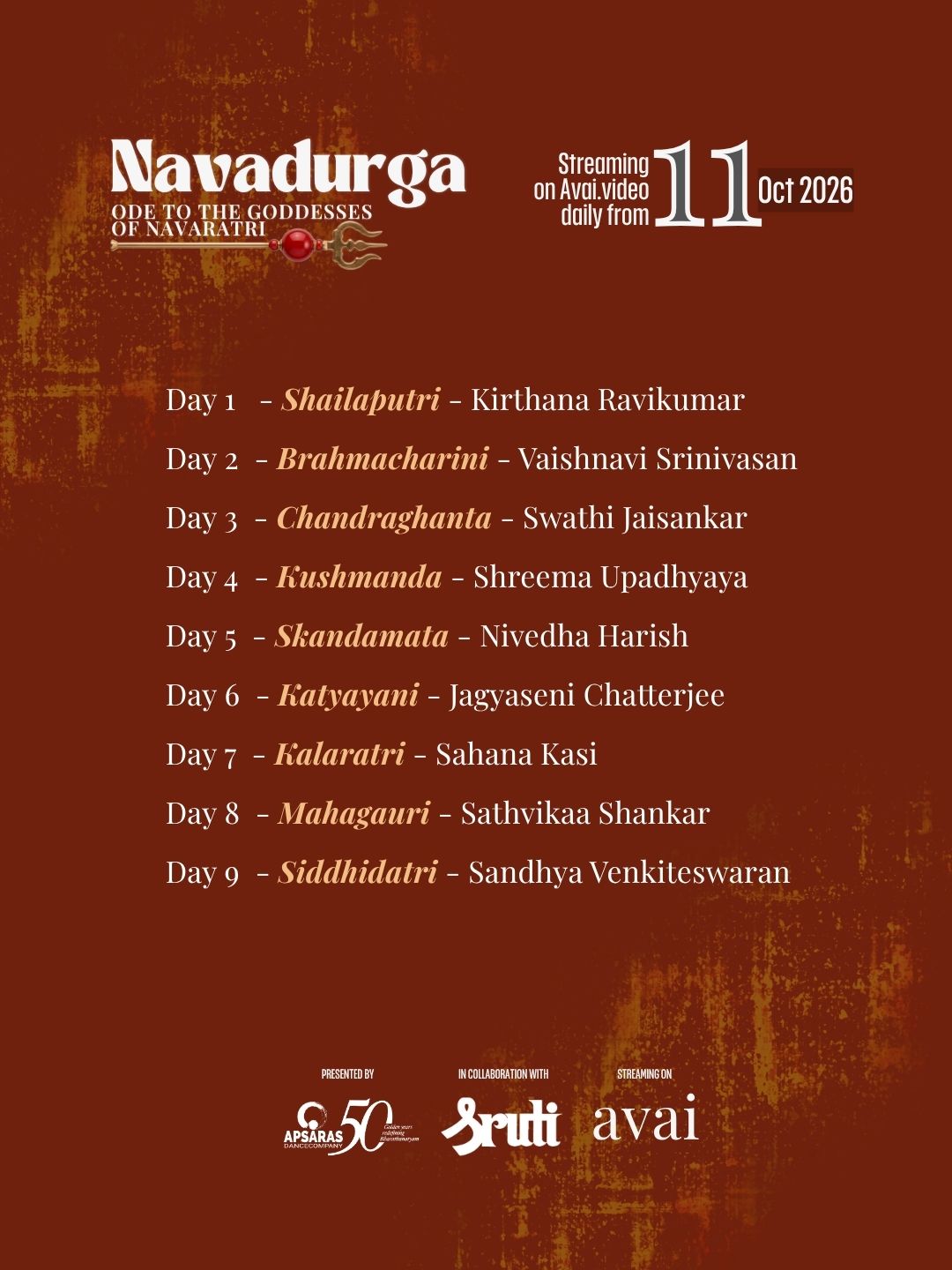 Nava Durga daily schedule featuring nine forms of Durga and the artists presenting each day