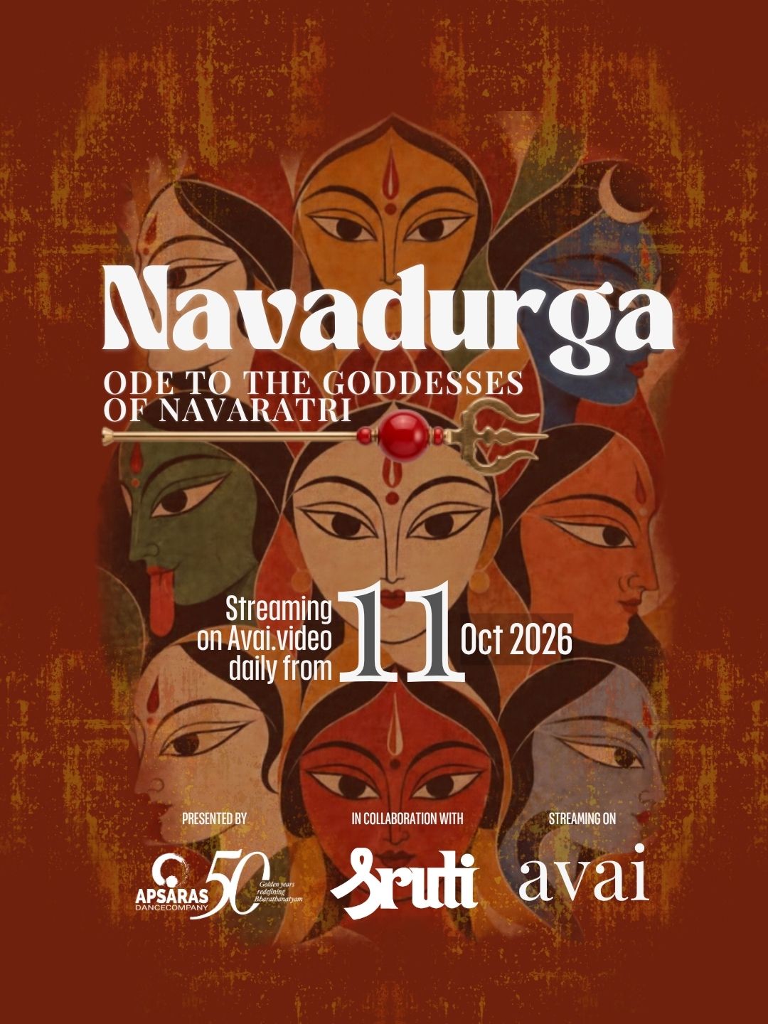 Nava Durga event poster with the daily release date and presenting partners